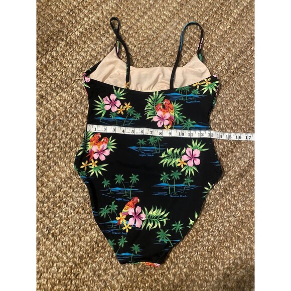 Vintage Paradise Beach Tropical Swimsuit M One Piece Parrots Hibiscus Palm - Picture 8 of 10
